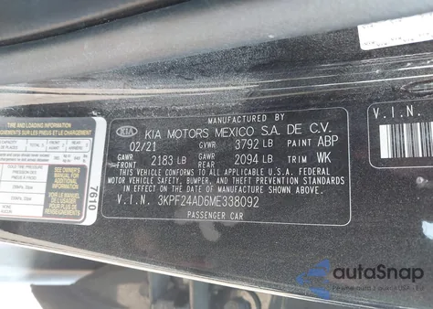 2021 Kia Forte Lxs из США, поврежденный, VIN 3KPF24AD6ME338092